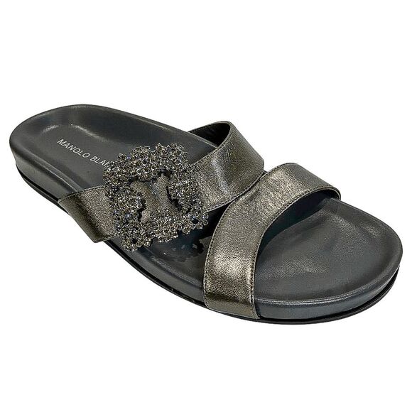 Manolo Blahnik Chilanghi Satin Jewel Buckle Flat Mules Silver EU 39 Slip On